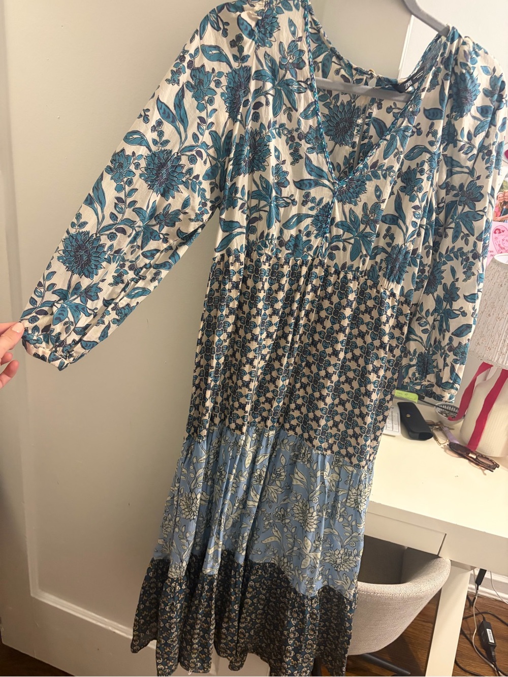 Zara Cream Maxi Dress with Teal Floral Print